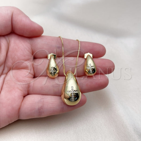 Juego de Arete y Dije de Adulto 10.313.0007 Oro Laminado, Diseño de Gota y Cruz, con Blanca Zirconia Cubica, Pulido, Tono Dorado