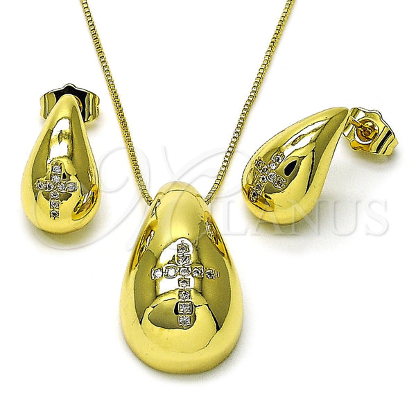 Juego de Arete y Dije de Adulto 10.313.0007 Oro Laminado, Diseño de Gota y Cruz, con Blanca Zirconia Cubica, Pulido, Tono Dorado