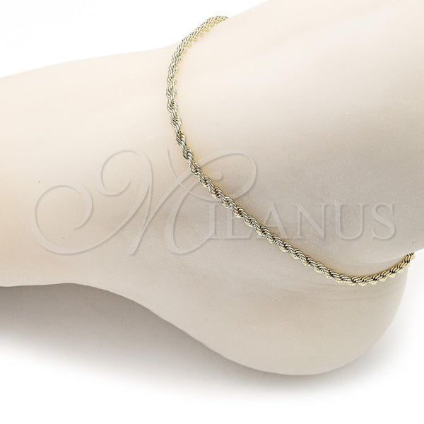 Tobillera Básica 5.222.036.10 Oro Laminado, Diseño de Rope, Pulido, Tono Dorado (02 MM Thickness, 10 Inches Length)