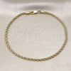 Tobillera Básica 5.222.036.10 Oro Laminado, Diseño de Rope, Pulido, Tono Dorado (02 MM Thickness, 10 Inches Length)
