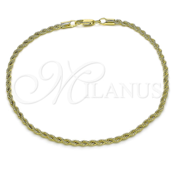 Tobillera Básica 5.222.036.10 Oro Laminado, Diseño de Rope, Pulido, Tono Dorado (02 MM Thickness, 10 Inches Length)