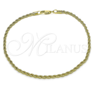 Tobillera Básica 5.222.036.10 Oro Laminado, Diseño de Rope, Pulido, Tono Dorado (02 MM Thickness, 10 Inches Length)