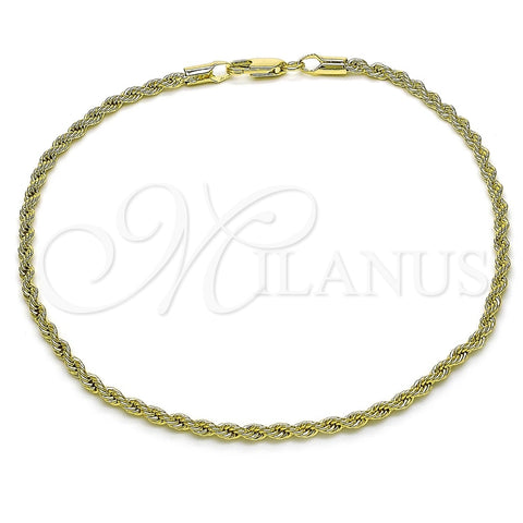 Tobillera Básica 5.222.036.10 Oro Laminado, Diseño de Rope, Pulido, Tono Dorado (02 MM Thickness, 10 Inches Length)