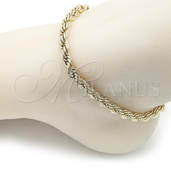 Tobillera Básica 04.213.0206.10 Oro Laminado, Diseño de Rope, Pulido, Tono Dorado (06 MM Thickness, 10 Inches Length)