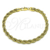 Tobillera Básica 04.213.0206.10 Oro Laminado, Diseño de Rope, Pulido, Tono Dorado (06 MM Thickness, 10 Inches Length)