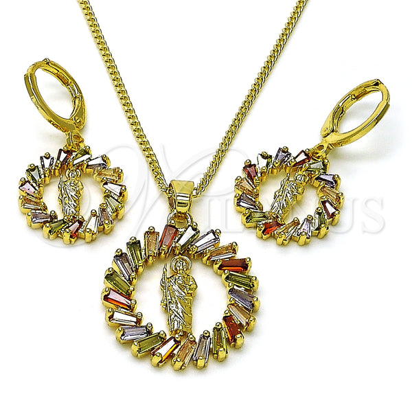 Juego de Arete y Dije de Adulto 10.316.0072.1 Oro Laminado, Diseño de San Judas y Baguette, con Multicolor Zirconia Cubica, Pulido, Tono Dorado
