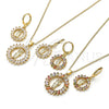 Juego de Arete y Dije de Adulto 10.316.0072.1 Oro Laminado, Diseño de San Judas y Baguette, con Multicolor Zirconia Cubica, Pulido, Tono Dorado