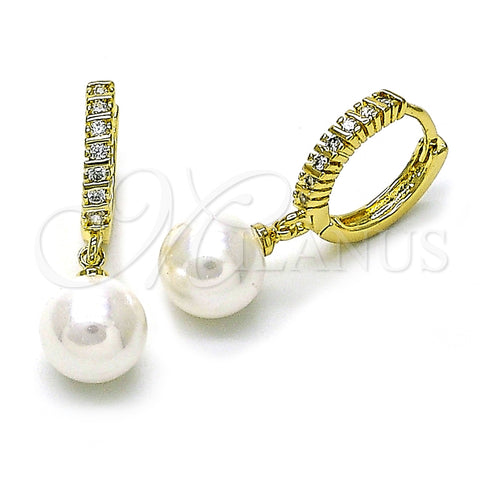 Arete Colgante 02.213.0724 Oro Laminado, Diseño de Bola, con Zirconia Cubica Blanca y Madre Perla Marfil, Pulido, Tono Dorado