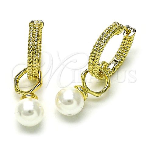 Argolla Huggie 02.213.0732.18 Oro Laminado, Diseño de Bola, con Perla Marfil, Diamantado, Tono Dorado