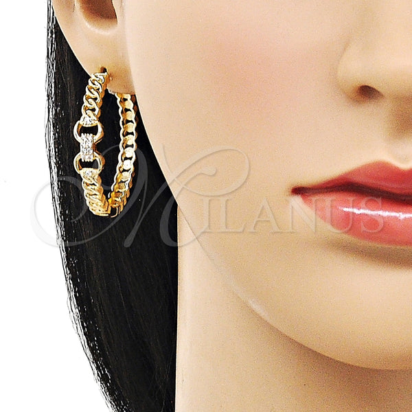 Argolla Huggie 02.204.0039.35 Oro Laminado, Diseño de Hebilla del Cinturón y Miami Cubana, con Blanca Micro Pave, Pulido, Tono Dorado