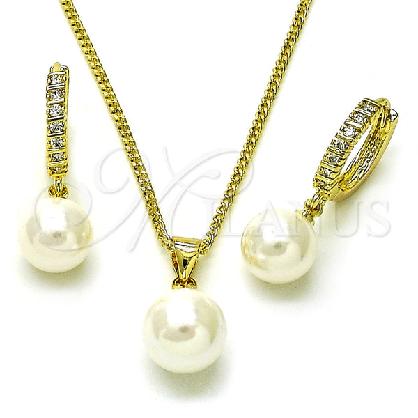 Juego de Arete y Dije de Adulto 10.213.0020 Oro Laminado, Diseño de Bola, con Marfil Madre Perla and Blanca Zirconia Cubica, Pulido, Tono Dorado