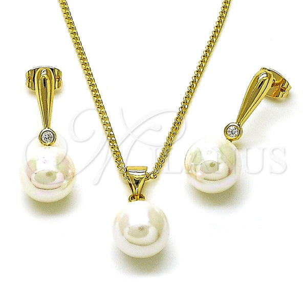 Juego de Arete y Dije de Adulto 10.213.0021 Oro Laminado, Diseño de Bola y Gota, con Marfil Madre Perla and Blanca Zirconia Cubica, Pulido, Tono Dorado