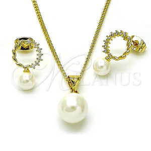 Juego de Arete y Dije de Adulto 10.213.0023 Oro Laminado, Diseño de Bola, con Marfil Madre Perla and Blanca Zirconia Cubica, Pulido, Tono Dorado