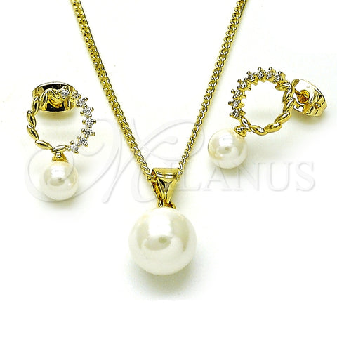 Juego de Arete y Dije de Adulto 10.213.0023 Oro Laminado, Diseño de Bola, con Marfil Madre Perla and Blanca Zirconia Cubica, Pulido, Tono Dorado