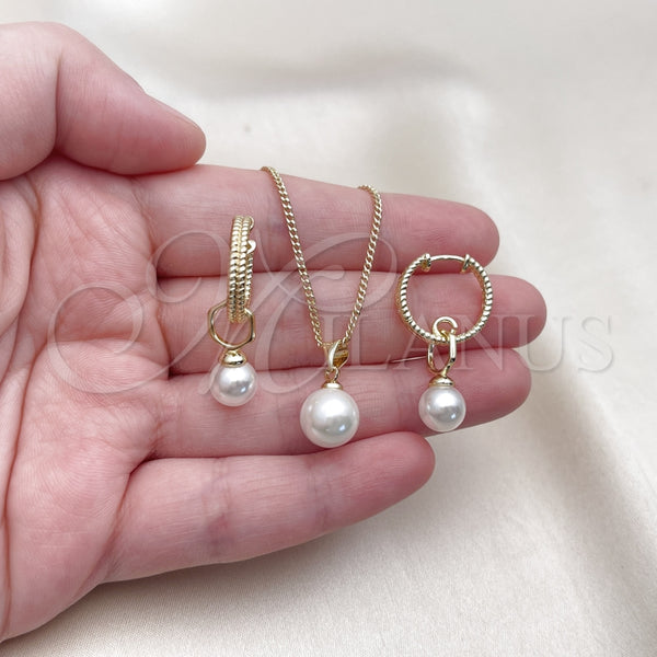 Juego de Arete y Dije de Adulto 10.213.0024 Oro Laminado, Diseño de Bola y Torcido, con Marfil Madre Perla, Diamantado, Tono Dorado