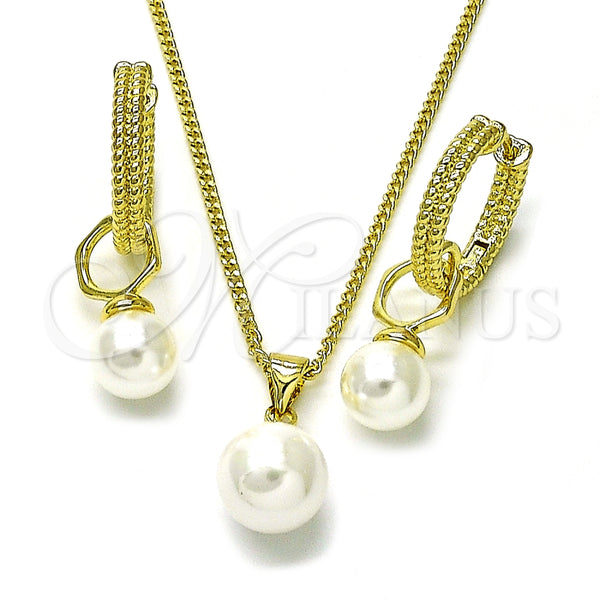 Juego de Arete y Dije de Adulto 10.213.0024 Oro Laminado, Diseño de Bola y Torcido, con Marfil Madre Perla, Diamantado, Tono Dorado