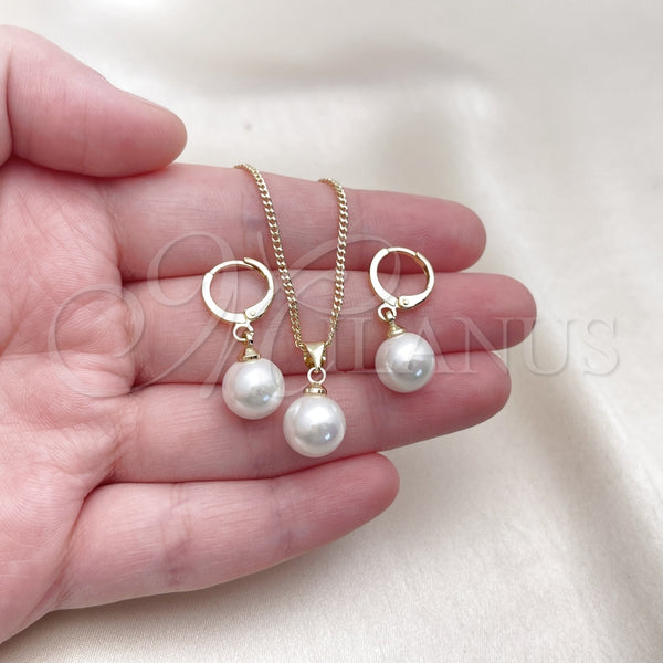 Juego de Arete y Dije de Adulto 10.213.0025 Oro Laminado, Diseño de Bola, con Marfil Madre Perla, Pulido, Tono Dorado
