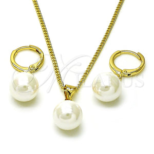 Juego de Arete y Dije de Adulto 10.213.0025 Oro Laminado, Diseño de Bola, con Marfil Madre Perla, Pulido, Tono Dorado