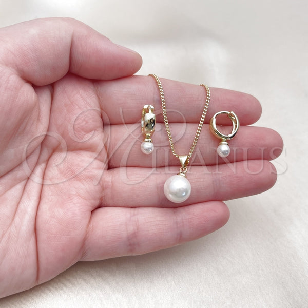 Juego de Arete y Dije de Adulto 10.213.0026 Oro Laminado, Diseño de Bola, con Marfil Madre Perla, Pulido, Tono Dorado