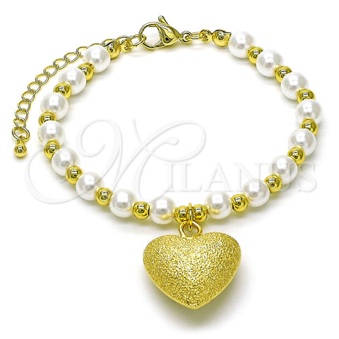 Pulsera Elegante 03.341.0229.07 Oro Laminado, Diseño de Corazón y Bola, con Marfil Perla, Mate, Tono Dorado (06 MM Thickness, 7 Inches Length)