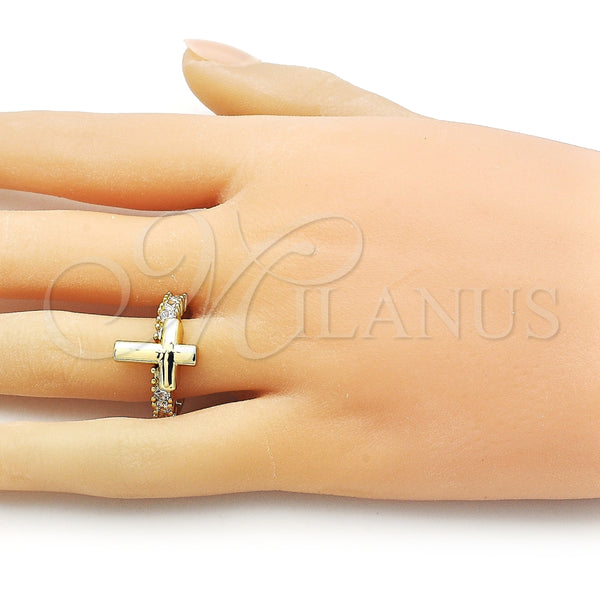 Anillo Multi Piedra 01.341.0153.1 Oro Laminado, Diseño de Cruz, con Blanca Zirconia Cubica, Pulido, Tono Dorado (One size fits all)