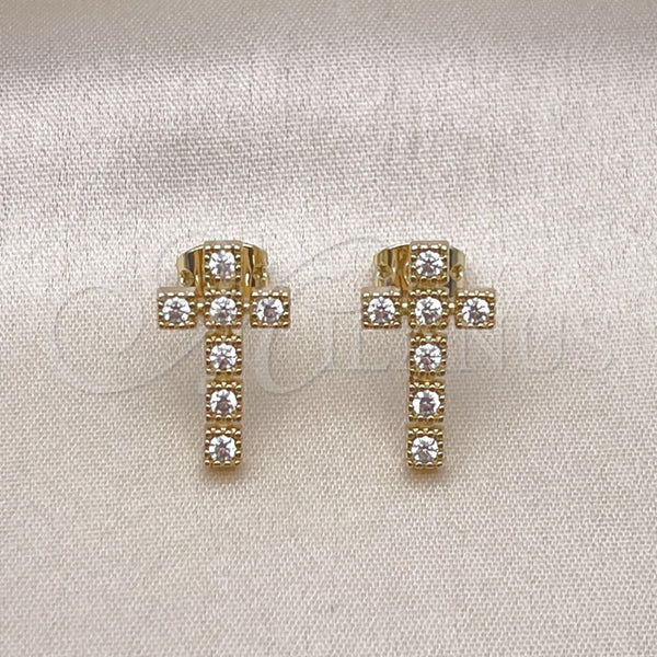 Arete Dormilona 02.213.0747 Oro Laminado, Diseño de Cruz, con Blanca Zirconia Cubica, Pulido, Tono Dorado