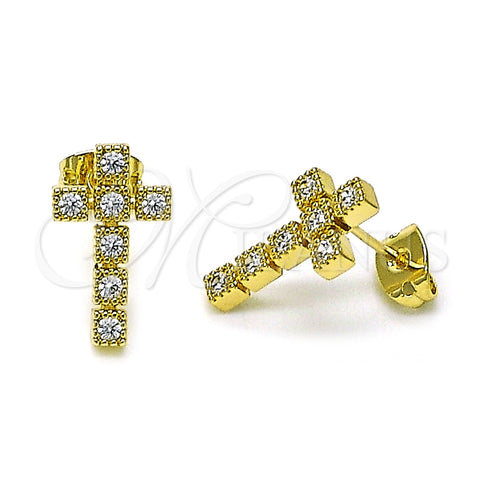 Arete Dormilona 02.213.0747 Oro Laminado, Diseño de Cruz, con Blanca Zirconia Cubica, Pulido, Tono Dorado