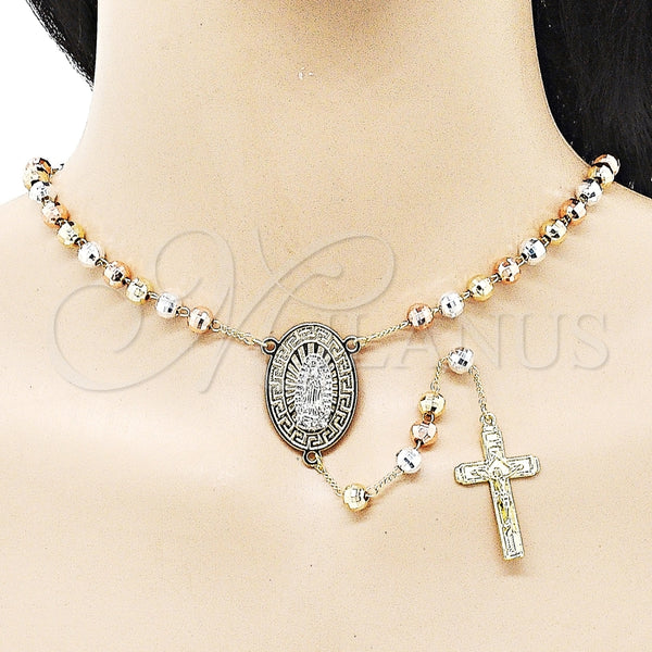 Rosario Mediano 09.411.0003.24 Oro Laminado, Diseño de Guadalupe y Llave Griega, Diamantado, Tres Tonos