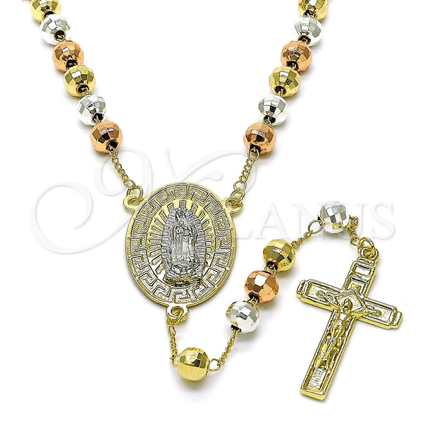 Rosario Mediano 09.411.0003.24 Oro Laminado, Diseño de Guadalupe y Llave Griega, Diamantado, Tres Tonos