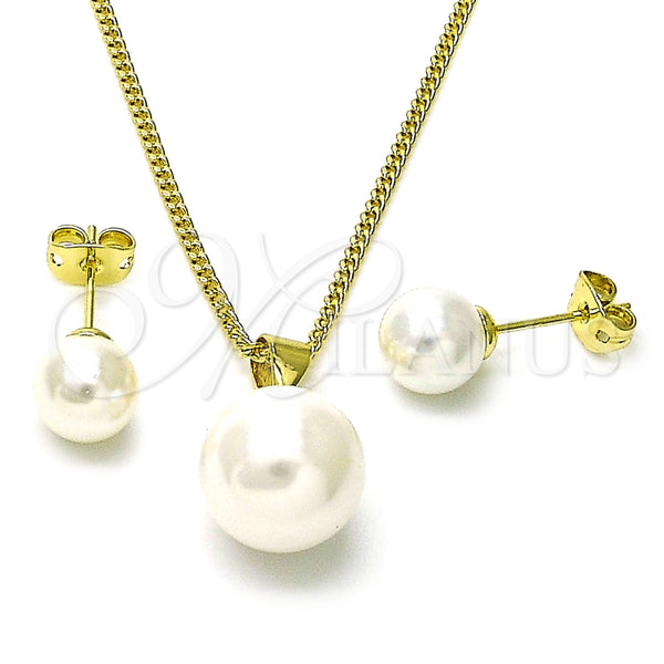 Juego de Arete y Dije de Adulto 10.213.0027 Oro Laminado, Diseño de Bola, con Marfil Perla, Pulido, Tono Dorado