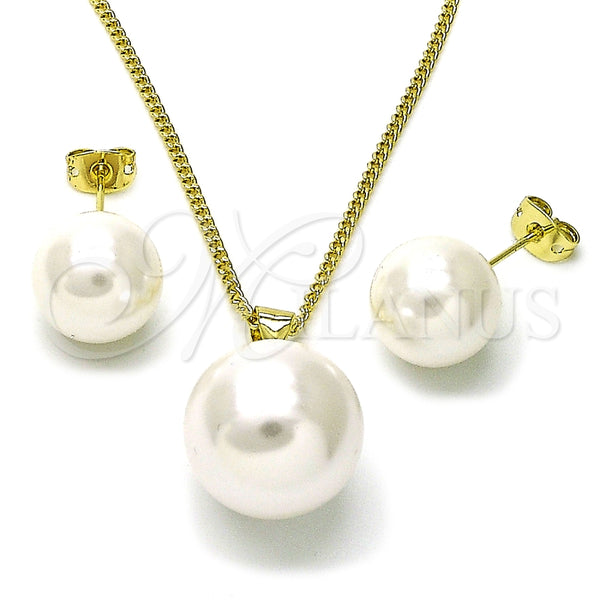 Juego de Arete y Dije de Adulto 10.213.0028 Oro Laminado, Diseño de Bola, con Marfil Perla, Pulido, Tono Dorado
