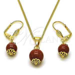 Juego de Arete y Dije de Adulto 10.341.0011 Oro Laminado, Diseño de Bola, con Onix Negro Goldstone Venturina, Pulido, Tono Dorado