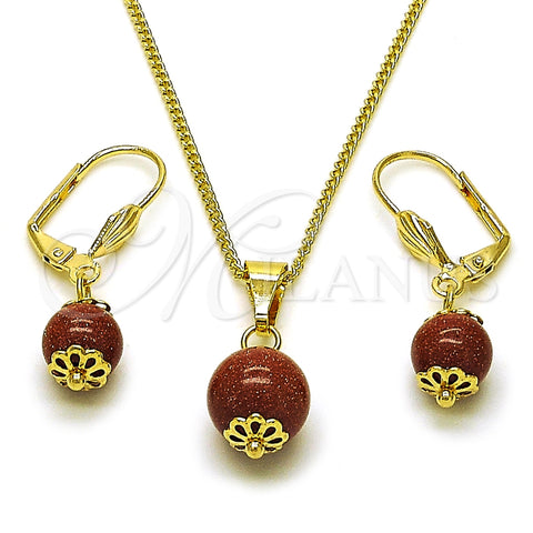 Juego de Arete y Dije de Adulto 10.341.0011 Oro Laminado, Diseño de Bola, con Onix Negro Goldstone Venturina, Pulido, Tono Dorado