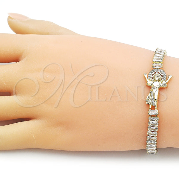 Pulsera Elegante 03.411.0024.07 Oro Laminado, Diseño de Divino Niño y Baguette, con Blanca Zirconia Cubica and Blanca Micro Pave, Pulido, Tono Dorado (06 MM Thickness, 7 Inches Length)