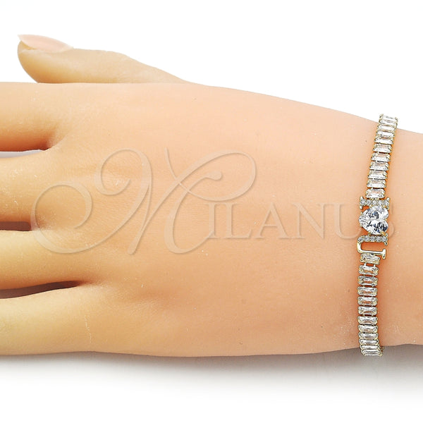 Pulsera Elegante 03.411.0025.07 Oro Laminado, Diseño de Amor y Baguette, con Blanca Zirconia Cubica and Blanca Micro Pave, Pulido, Tono Dorado (05 MM Thickness, 7 Inches Length)