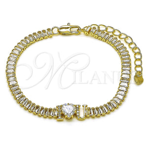 Pulsera Elegante 03.411.0025.07 Oro Laminado, Diseño de Amor y Baguette, con Blanca Zirconia Cubica and Blanca Micro Pave, Pulido, Tono Dorado (05 MM Thickness, 7 Inches Length)