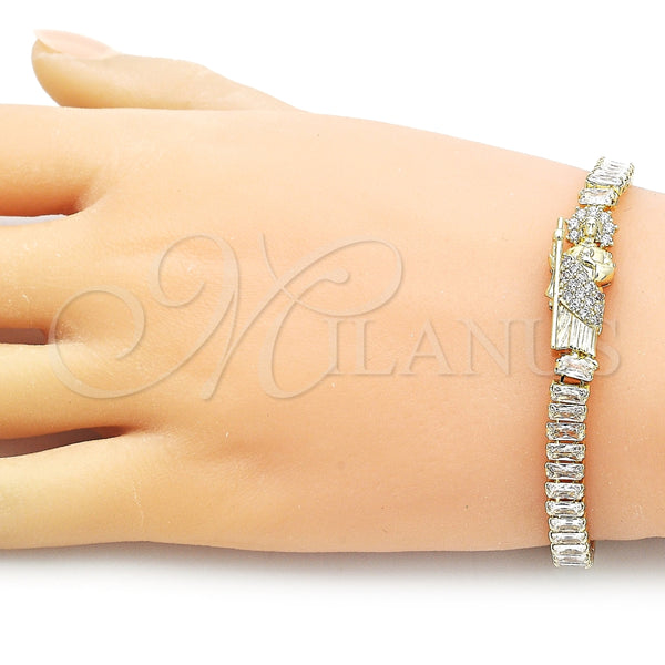 Pulsera Elegante 03.411.0027.07 Oro Laminado, Diseño de San Judas y Baguette, con Blanca Micro Pave, Pulido, Tono Dorado (06 MM Thickness, 7 Inches Length)
