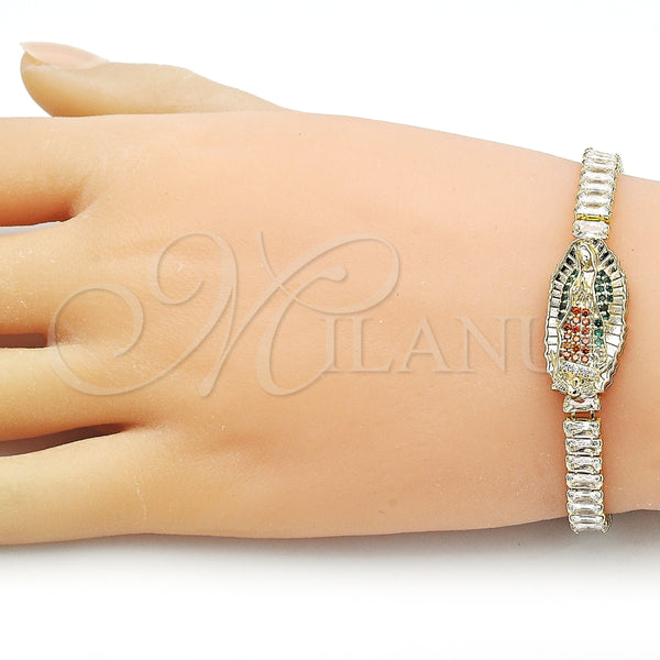 Pulsera Elegante 03.411.0029.1.07 Oro Laminado, Diseño de Guadalupe y Baguette, con Blanca Zirconia Cubica and Multicolor Micro Pave, Pulido, Tono Dorado (06 MM Thickness, 7 Inches Length)