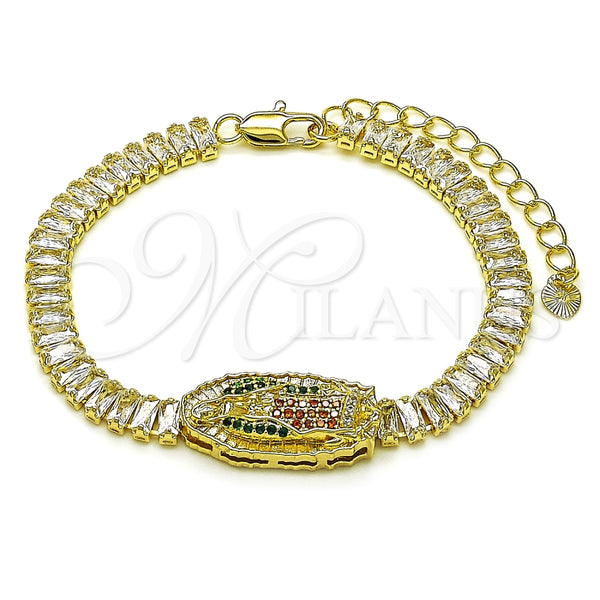 Pulsera Elegante 03.411.0029.1.07 Oro Laminado, Diseño de Guadalupe y Baguette, con Blanca Zirconia Cubica and Multicolor Micro Pave, Pulido, Tono Dorado (06 MM Thickness, 7 Inches Length)