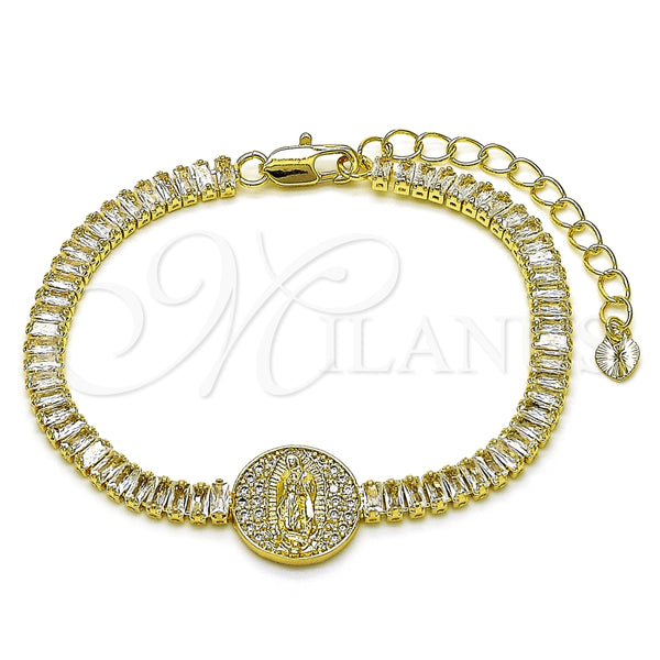 Pulsera Elegante 03.411.0030.07 Oro Laminado, Diseño de Guadalupe y Baguette, con Blanca Zirconia Cubica and Blanca Micro Pave, Pulido, Tono Dorado (05 MM Thickness, 7 Inches Length)