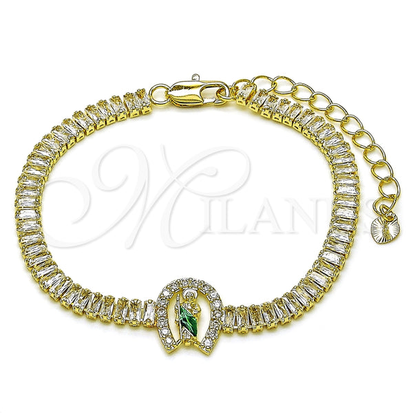 Pulsera Elegante 03.411.0031.1.07 Oro Laminado, Diseño de San Judas y Baguette, con Blanca Zirconia Cubica, Pulido, Tres Tonos (05 MM Thickness, 7 Inches Length)