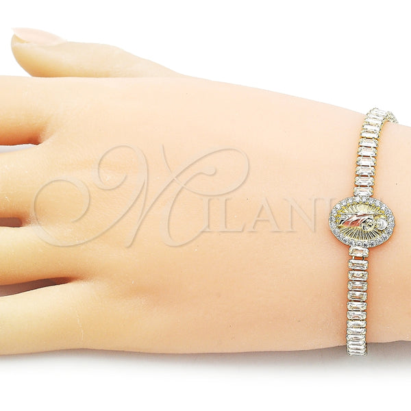 Pulsera Elegante 03.411.0032.07 Oro Laminado, Diseño de San Judas y Baguette, con Blanca Zirconia Cubica, Pulido, Tres Tonos (05 MM Thickness, 7 Inches Length)