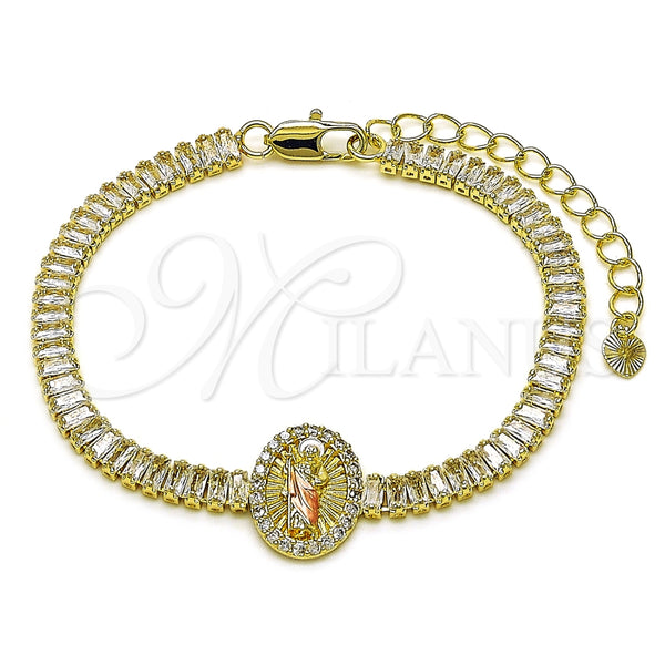 Pulsera Elegante 03.411.0032.07 Oro Laminado, Diseño de San Judas y Baguette, con Blanca Zirconia Cubica, Pulido, Tres Tonos (05 MM Thickness, 7 Inches Length)