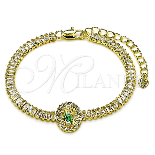 Pulsera Elegante 03.411.0032.1.07 Oro Laminado, Diseño de San Judas y Baguette, con Blanca Zirconia Cubica, Pulido, Tres Tonos (05 MM Thickness, 7 Inches Length)