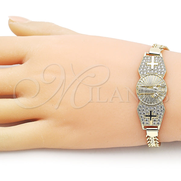 Pulsera Elegante 03.411.0038.08 Oro Laminado, Diseño de San Benito y Bismarco, con Blanca Zirconia Cubica, Pulido, Tono Dorado (07 MM Thickness, 8 Inches Length)