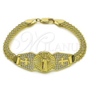 Pulsera Elegante 03.411.0038.08 Oro Laminado, Diseño de San Benito y Bismarco, con Blanca Zirconia Cubica, Pulido, Tono Dorado (07 MM Thickness, 8 Inches Length)