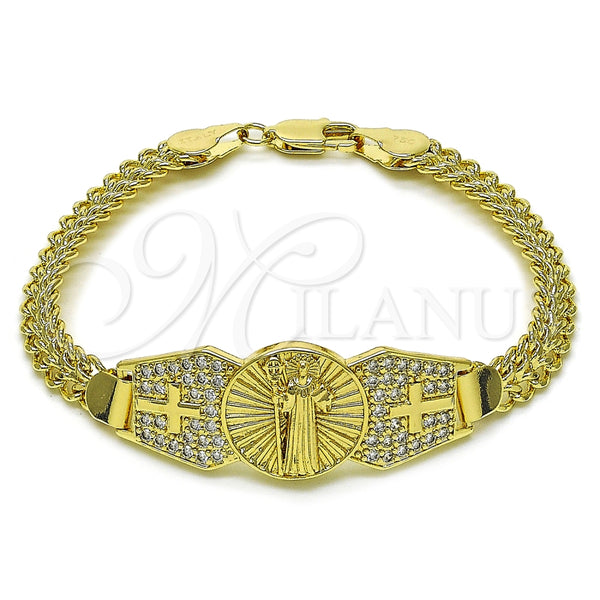 Pulsera Elegante 03.411.0038.08 Oro Laminado, Diseño de San Benito y Bismarco, con Blanca Zirconia Cubica, Pulido, Tono Dorado (07 MM Thickness, 8 Inches Length)