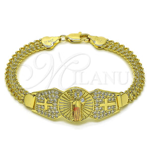 Pulsera Elegante 03.411.0038.1.08 Oro Laminado, Diseño de San Benito y Bismarco, con Blanca Zirconia Cubica, Pulido, Tres Tonos (07 MM Thickness, 8 Inches Length)