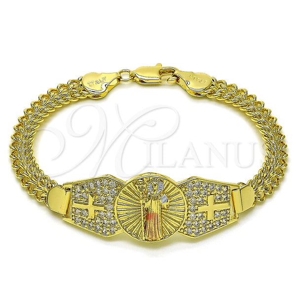 Pulsera Elegante 03.411.0038.1.08 Oro Laminado, Diseño de San Benito y Bismarco, con Blanca Zirconia Cubica, Pulido, Tres Tonos (07 MM Thickness, 8 Inches Length)
