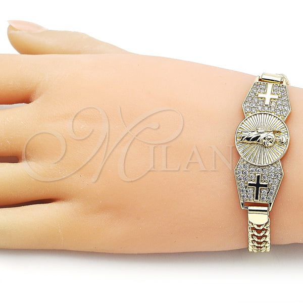 Pulsera Elegante 03.411.0040.08 Oro Laminado, Diseño de San Judas y Bismarco, con Blanca Zirconia Cubica, Pulido, Tono Dorado (07 MM Thickness, 8 Inches Length)